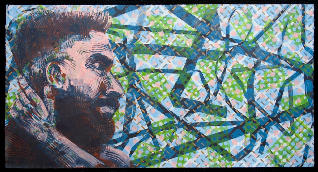 Monoprint of mans face over blue and green abstract background