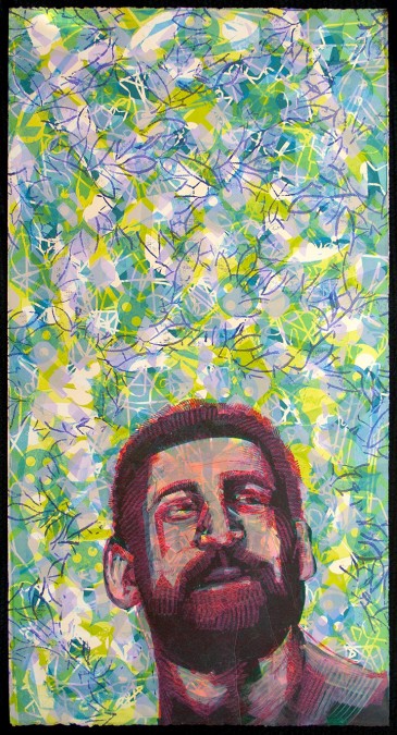 Monoprint of mans face over light colored abstract background