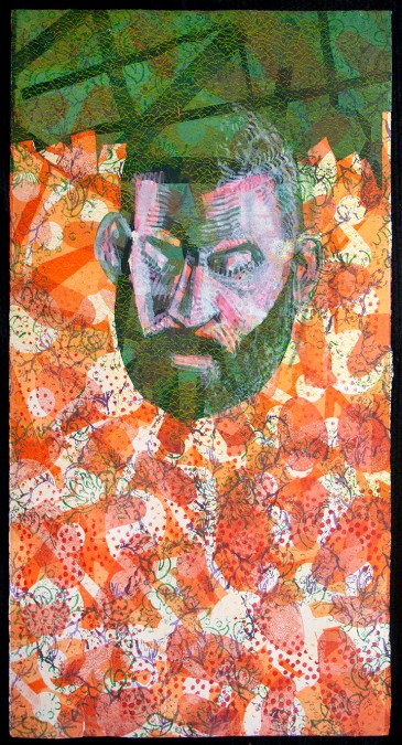 Monoprint of mans face over orange abstract background