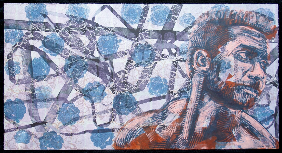 monoprint with shoulder and ear of man with an abstract background