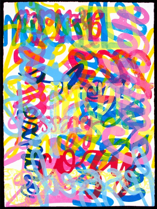 bright colored cursive words overlapping each other