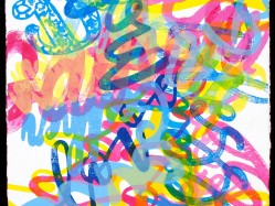 bright colored cursive words overlapping each other