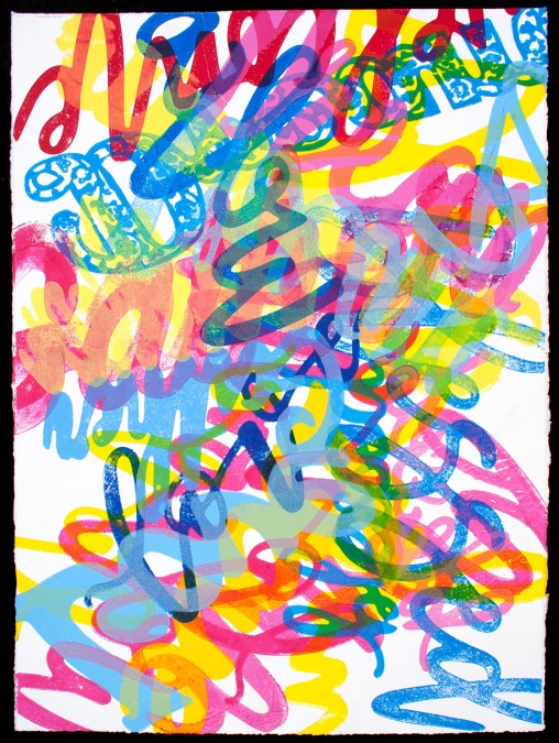 bright colored cursive words overlapping each other