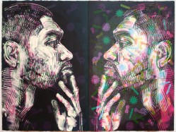 monoprint of the faces of two men facing each other with hands on chins