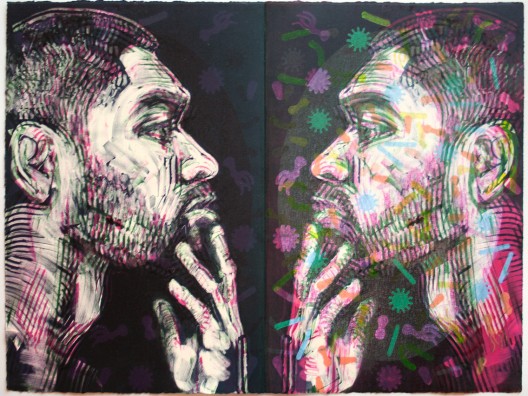 monoprint of the faces of two men facing each other with hands on chins