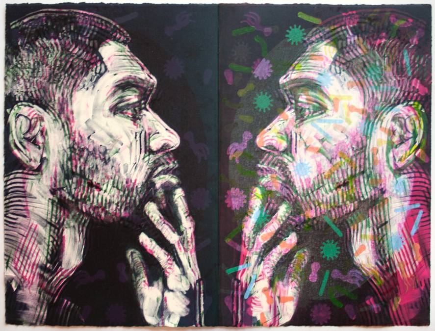 monoprint of the faces of two men facing each other with hands on chins