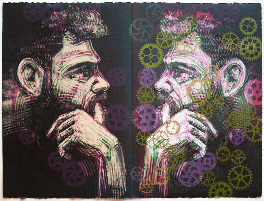 monoprint of the faces of two men facing each other with hands on chins