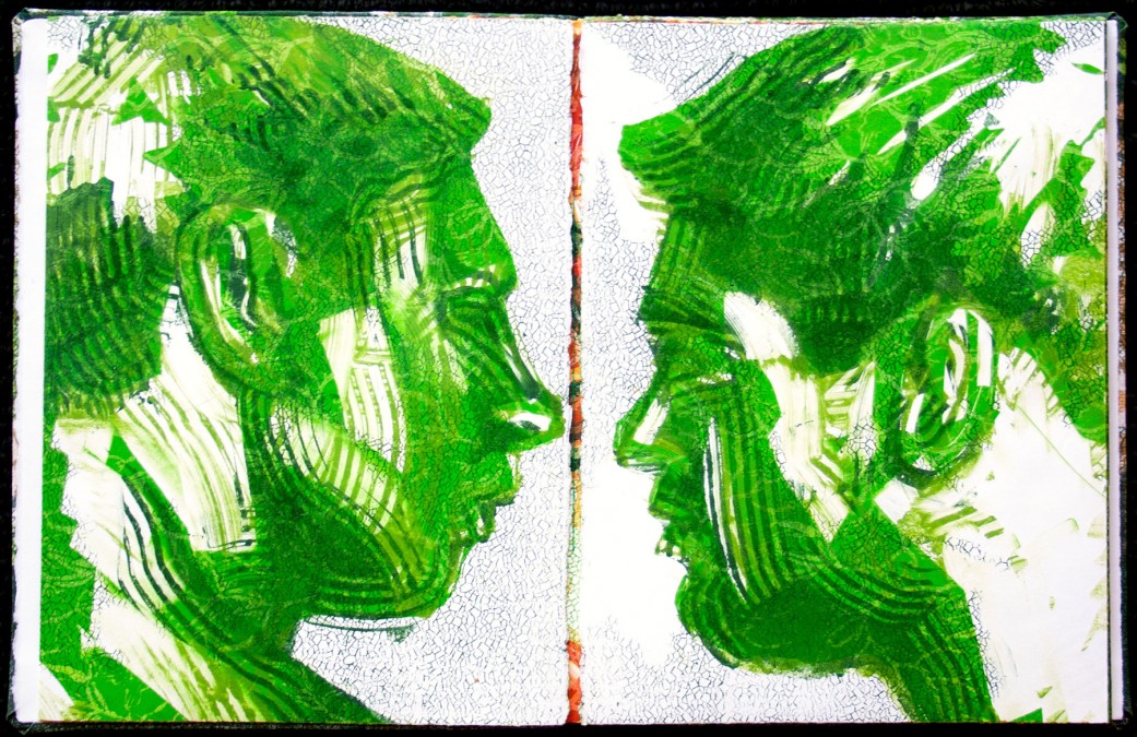 Green monoprint of profiles of two male faces looking at each other