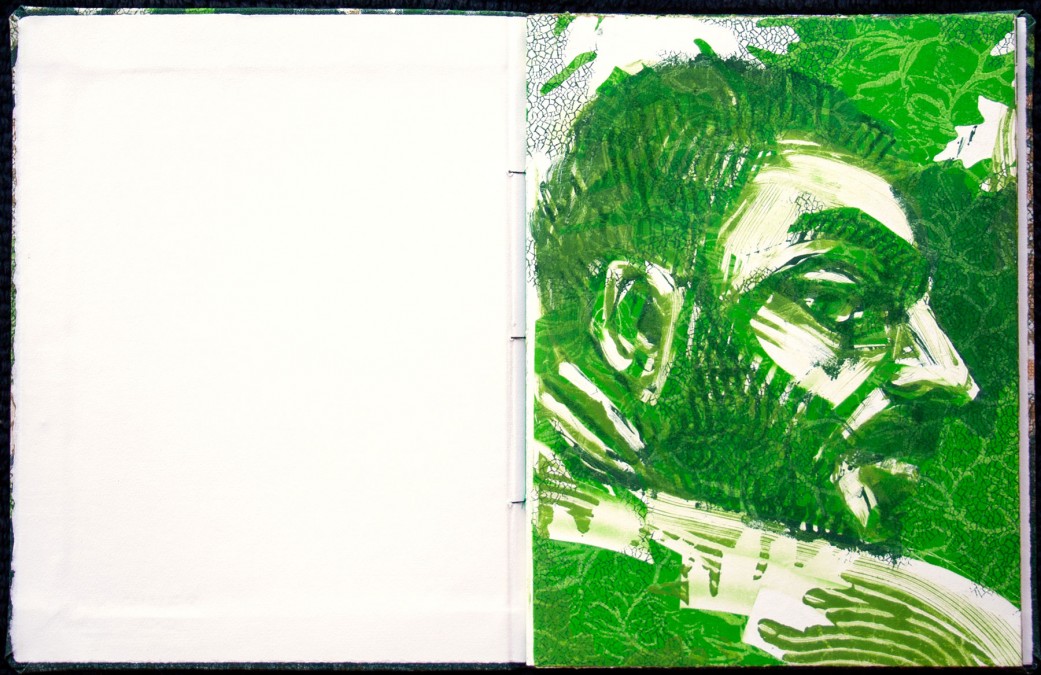 Green monoprint of close up of mans face, with white page on left