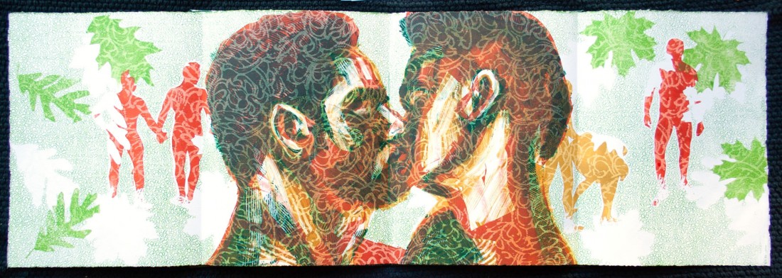 Long horizontal monoprint with two male faces kissing in the center
