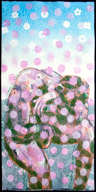 monoprint of a man hunched over with pink flowers falling in front of him