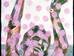 monoprint of man with arms over head and flowers falling in front of him