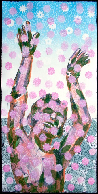 monoprint of man with arms over head and flowers falling in front of him