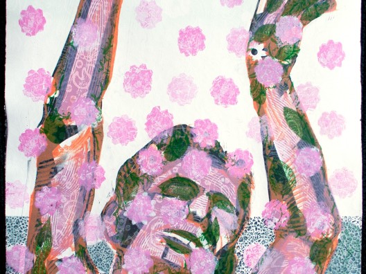 monoprint of man with arms over head and flowers falling in front of him