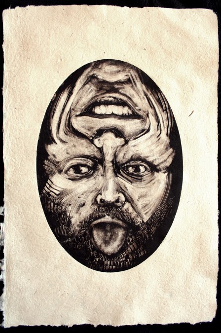 monoprint of faces in an oval