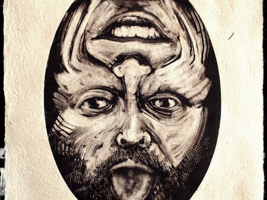 monoprint of faces in an oval