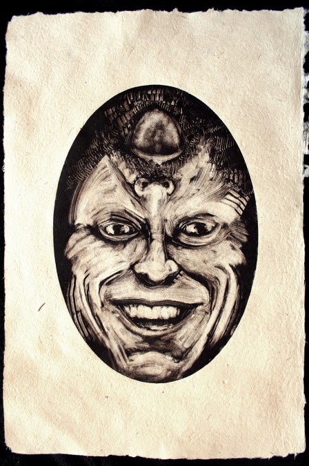 monoprint of faces in an oval