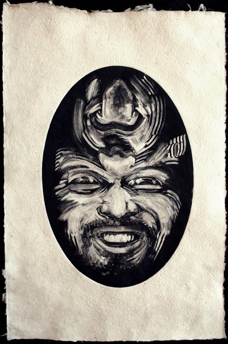 monoprint of faces in an oval