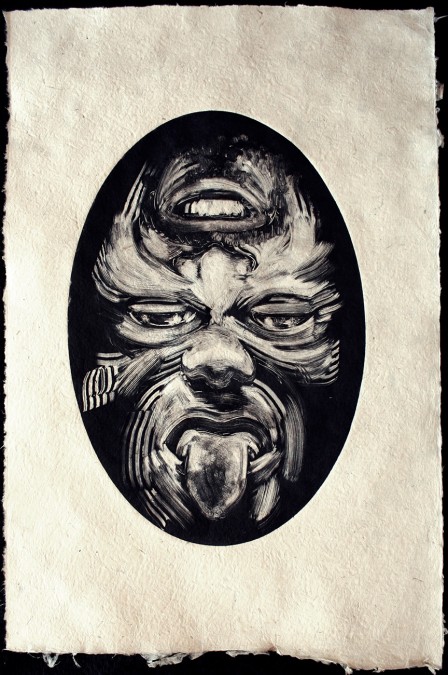 monoprint of faces in an oval
